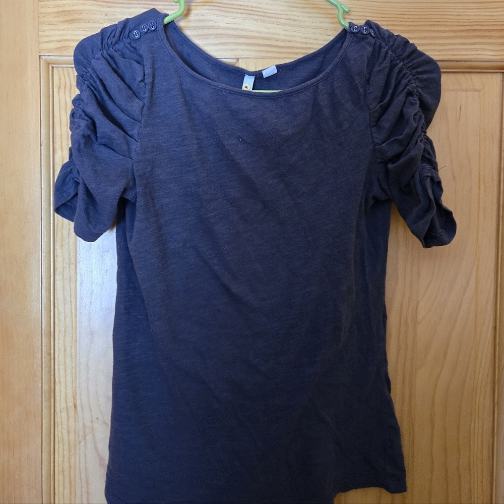 Anthropologie XS Bubble Sleeve Shirt Little Yellow Button Navy Blue